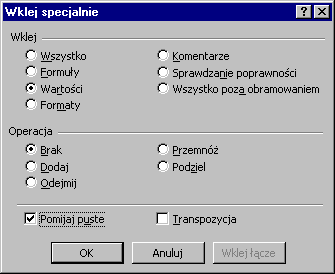 Opcje funkcji Wklej specjalnie